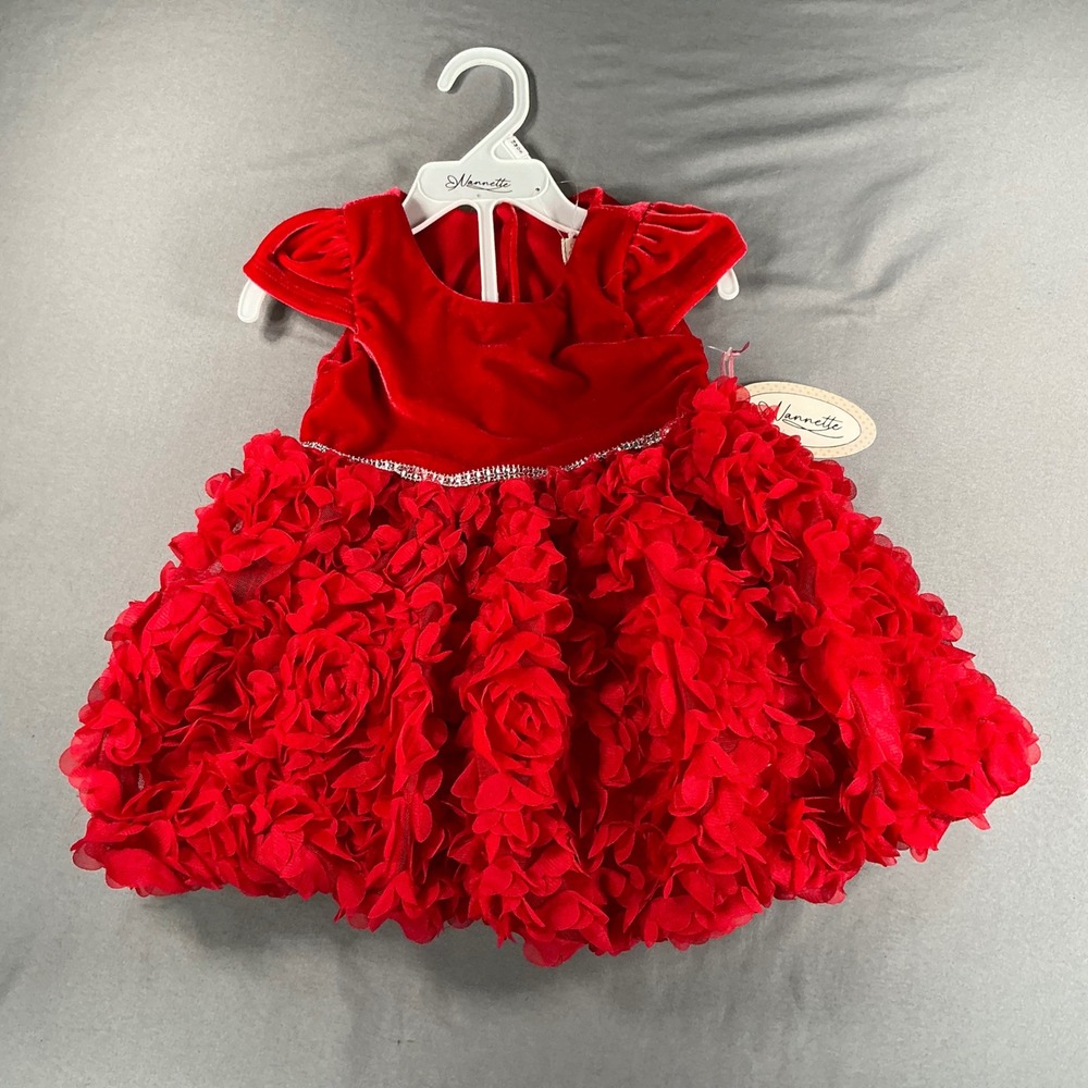 NWT Nannette Baby Girls Red Velvet 3D Rosette Holiday Dress 18 Months